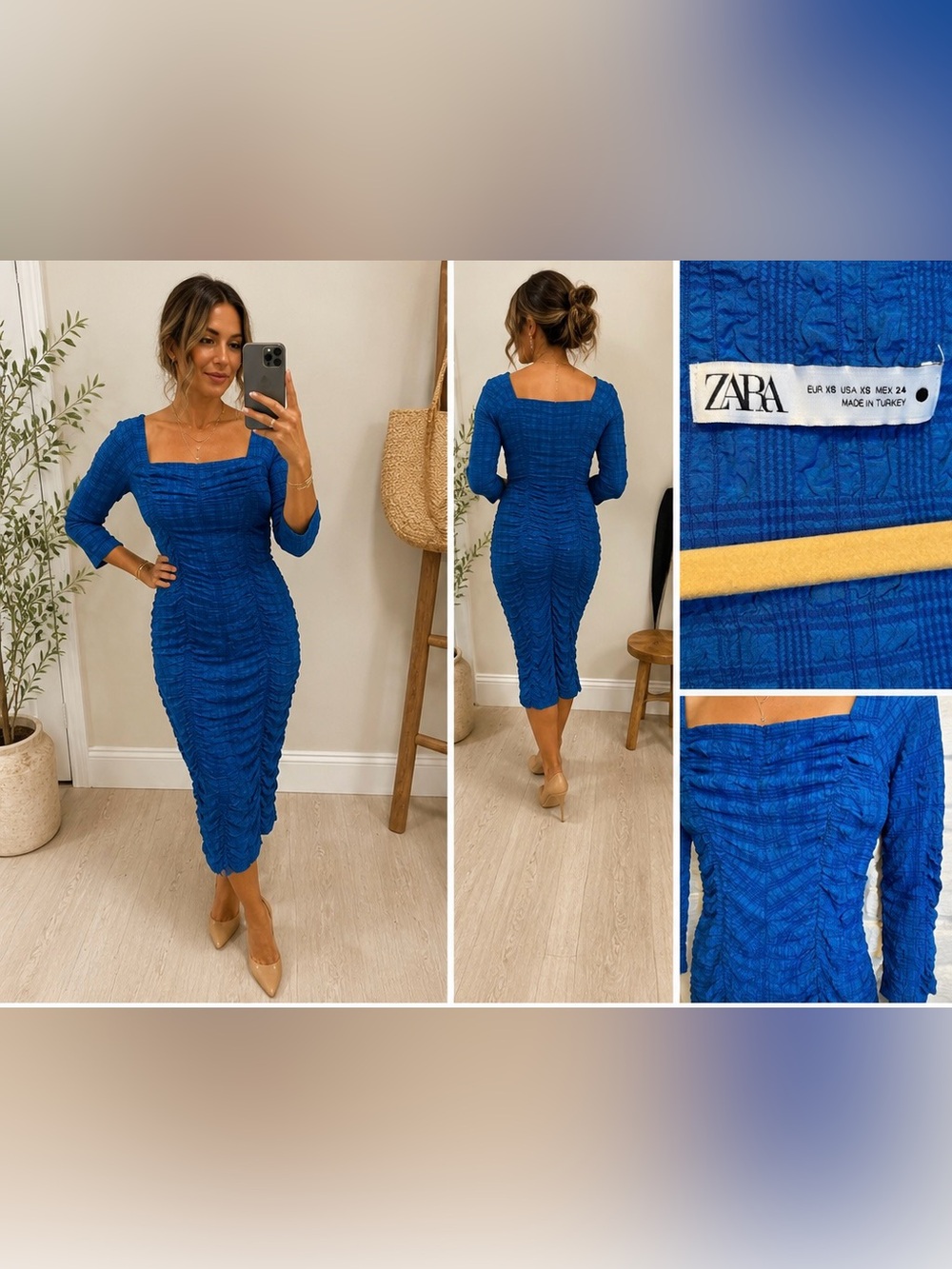 Zara XS Ruched Bodycon Midi Dress | Peacock Blue | Textured | Elegant
